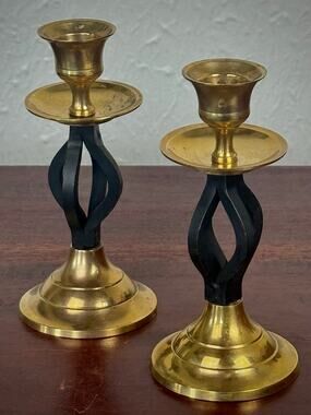 Solid Brass India Candlestick Pair Black Stem Taper Candle Holders